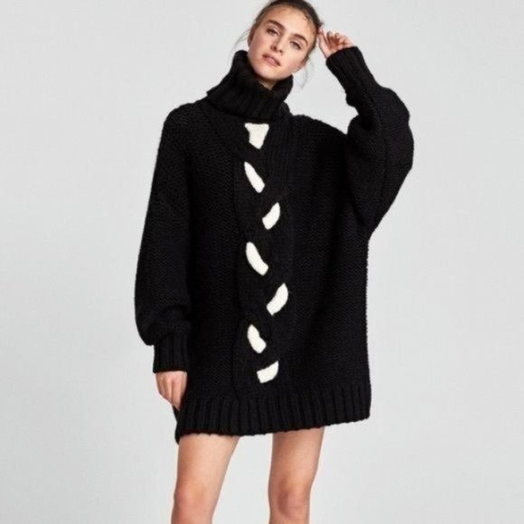 Solutions Chunky Knit Oversized Turtleneck Sweater Dress M Medium NWT Black Whit - Picture 1 of 12